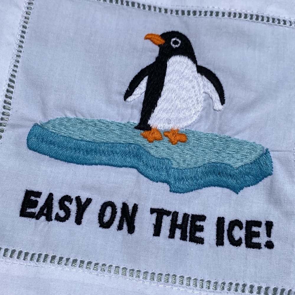 Set of 4 August Morgan Easy on the Ice penguin embroidered 6" cocktail napkins - Picture 7 of 7